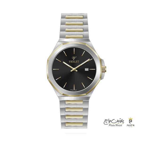ساعت مچی ویولت،مردانه ،گردفلزی،دورنگ طلایی صفحه مشکی