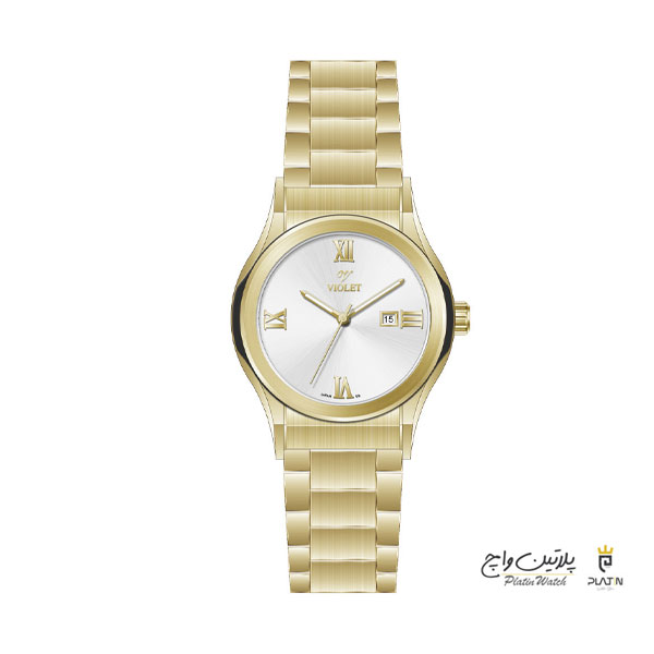 ساعت مچي ويولت، زنانه تک موتوره، گرد فلزی، طلایی صفحه سفید