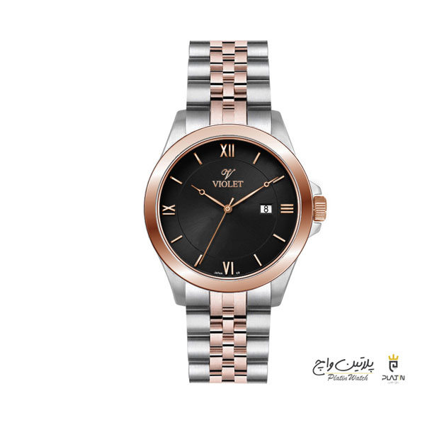 ساعت مچی ویولت،زنانه تک موتوره،گرد فلزی ،دورنگ رزگلد صفحه مشکی