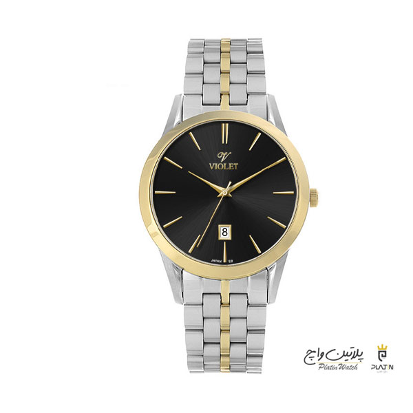 ساعت مچی ویولت، زنانه تک موتوره،گرد فلزی،دو رنگ استیل طلایی،صفحه مشکی کد 0640/2