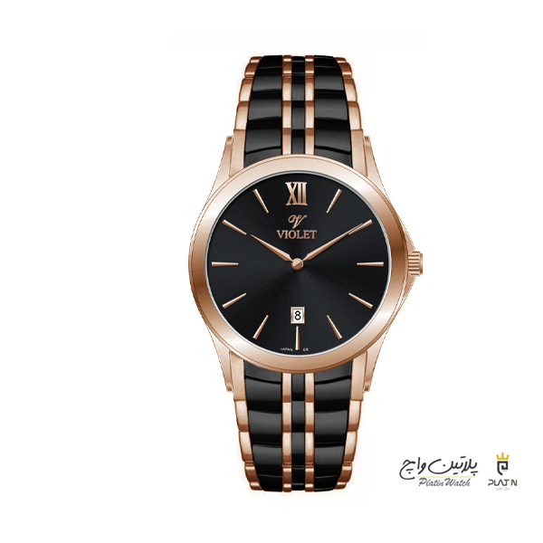 ساعت مچی ویولت،مردانه ،گردفلزی،دورنگ رزگلد صفحه مشکی کد 0610/2