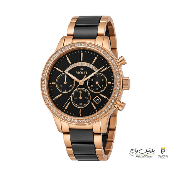 ساعت مچی ویولت زنانه کرنوگراف گرد سرامیکی دو رنگ رزگلد صفحه مشکی نگین دار مدل 0480/2
