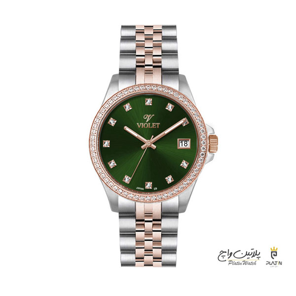 ساعت مچی زنانه ویولت مدل 0641/2، دو رنگ رزگلد، صفحه سبز