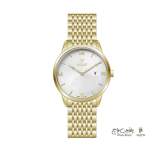 ساعت مچی ویولت، زنانه تک موتوره،گرد فلزی،طلایی،صفحه نقره ای، کد 0579/2