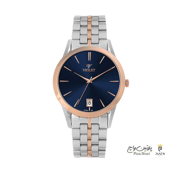 ساعت مچی ویولت، مردانه تک موتوره،گرد فلزی،دورنگ استیل رزگلد،صفحه سرمه ای، کد 0640/2