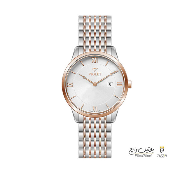 ساعت مچی ویولت، زنانه تک موتوره،گرد فلزی،طلایی،صفحه نقره ای، کد 0579/2