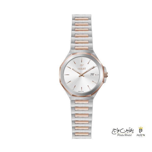 ساعت مچی ویولت،زنانه تک موتوره،گرد فلزی ،دورنگ رزگلد صفحه سفید کد 0623/2