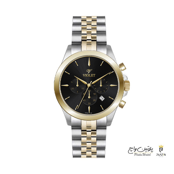 ساعت مچی ویولت، مردانه کرنوگراف،گردفلزی، طلایی صفحه مشکی کد 0624/2