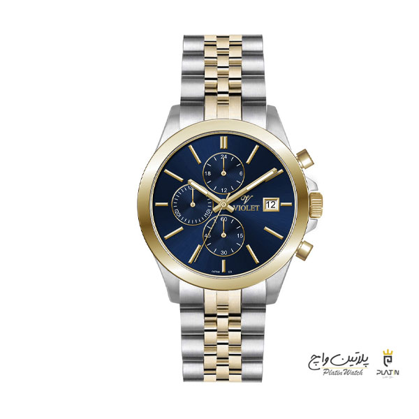 ساعت مچی ویولت، مردانه کرنوگراف،گردفلزی،دورنگ استیل طلایی صفحه سرمه ای
