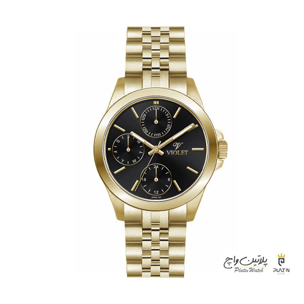 ساعت مچی ویولت، زنانه فول دیت،گردفلزی، طلایی، صفحه مشکی